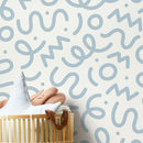 Abstract Wallpaper with Playful Squiggles and Shapes in Light Blue - D576