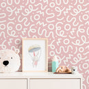 Abstract Wallpaper with Playful Squiggles in Pink and White - D577