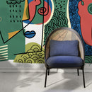 Modern Wallpaper with a Cubist Face Motif in Yellow, Blue, and Red - D584