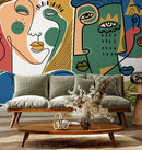 Modern Wallpaper with a Cubist Face Motif in Yellow, Blue, and Red - D584