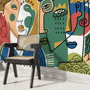 Modern Wallpaper with a Cubist Face Motif in Yellow, Blue, and Red - D584