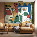 Modern Wallpaper with a Cubist Face Motif in Yellow, Blue, and Red - D584