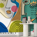 Modern Cubism Wallpaper with Faces in Red, Blue, and Yellow - D585