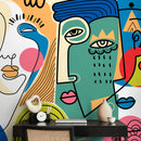 Modern Cubism Wallpaper with Faces in Red, Blue, and Yellow - D585