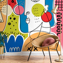 Modern Cubism Wallpaper with Faces in Red, Blue, and Yellow - D585