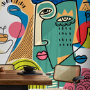 Modern Cubism Wallpaper with Faces in Red, Blue, and Yellow - D585