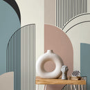 Geometric Wallpaper with an Art Deco Arch Motif in Muted Clay, Blue, and Greige - D621