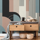 Geometric Wallpaper with an Art Deco Arch Motif in Muted Clay, Blue, and Greige - D621