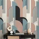 Geometric Wallpaper with an Art Deco Arch Motif in Muted Clay, Blue, and Greige - D621