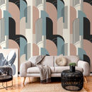 Geometric Wallpaper with an Art Deco Arch Motif in Muted Clay, Blue, and Greige - D621