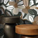 Floral Wallpaper in Taupe, Green, and Brown - D658