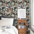 Floral Wallpaper in Taupe, Green, and Brown - D658