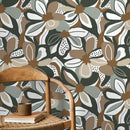 Floral Wallpaper in Taupe, Green, and Brown - D658