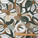 Floral Wallpaper in Taupe, Green, and Brown - D658