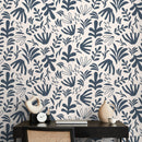 Abstract Wallpaper Featuring Botanical Shapes in Muted Navy and Cream - D679