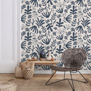 Abstract Wallpaper Featuring Botanical Shapes in Muted Navy and Cream - D679