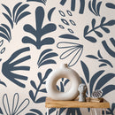 Abstract Wallpaper Featuring Botanical Shapes in Muted Navy and Cream - D679