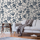 Abstract Wallpaper Featuring Botanical Shapes in Muted Navy and Cream - D679