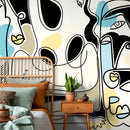 Modern Abstract Wallpaper with a Modern Face Collage in Black, Blue, and Yellow - D591