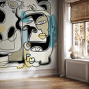 Modern Abstract Wallpaper with a Modern Face Collage in Black, Blue, and Yellow - D591