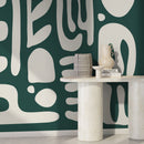 Abstract Wallpaper Featuring Large Fluid Forms in Green and White - D592