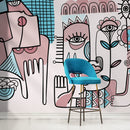 Modern Wallpaper with Surrealist Faces and Florals in Pink and Blue - D598