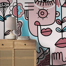 Modern Wallpaper with Surrealist Faces and Florals in Pink and Blue - D598