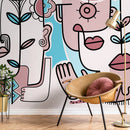 Modern Wallpaper with Surrealist Faces and Florals in Pink and Blue - D598