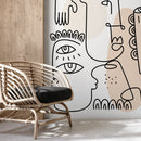 Modern Wallpaper with Line Art Faces in Black and Beige - D602