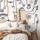 Modern Wallpaper with Line Art Faces in Black and Beige - D602