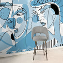 Abstract Wallpaper Featuring Modern Line Art Faces in Light Blue and Black - D606