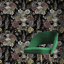 Gothic Wallpaper with Floral Skulls in Muted Rose, Yellow, and Purple - D832