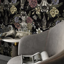 Gothic Wallpaper with Floral Skulls in Muted Rose, Yellow, and Purple - D832