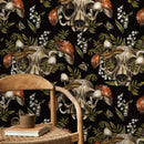Gothic Wallpaper Featuring Animal Skulls and Mushrooms in Black and Red - D833