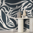 Modern Abstract Wallpaper with Bold Organic Shapes in Deep Blue and Off-White - D631