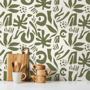 Abstract Wallpaper with Boho Botanical Cut-Outs in Green - D690
