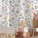 Floral Wallpaper with Hand-Drawn Blooms in Pink, Blue, and Yellow - A890