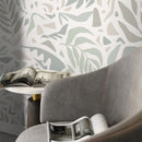 Abstract Wallpaper with a Leaf Motif in Sage, Beige, and Gray - D724