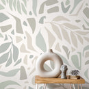 Abstract Wallpaper with a Leaf Motif in Sage, Beige, and Gray - D724
