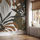 Botanical Wallpaper with Abstract Leaves in Brown, Green, and Greige - D714
