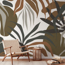 Botanical Wallpaper with Abstract Leaves in Brown, Green, and Greige - D714
