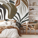 Botanical Wallpaper with Abstract Leaves in Brown, Green, and Greige - D714
