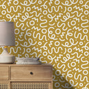 Abstract Wallpaper with Playful Squiggles and Shapes in Yellow and White - D574