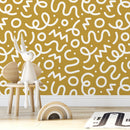 Abstract Wallpaper with Playful Squiggles and Shapes in Yellow and White - D574