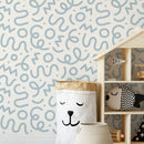 Abstract Wallpaper with Playful Squiggles and Shapes in Light Blue - D576