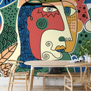 Modern Wallpaper with a Cubist Face Motif in Yellow, Blue, and Red - D584