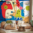 Modern Cubism Wallpaper with Faces in Red, Blue, and Yellow - D585