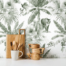 Jungle Wallpaper with a Watercolor Tiger and Palm Trees in Sage Green - D646