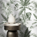 Jungle Wallpaper with a Watercolor Tiger and Palm Trees in Sage Green - D646
