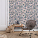 Botanical Wallpaper with Overlapping Leaves in Blue and Beige - D652
